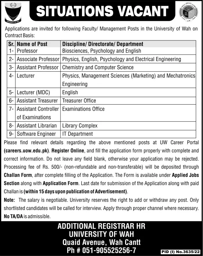 University of Wah Cantt Jobs 2022 – University of Wah Wah Cantt Jobs 2022 — original advertisement