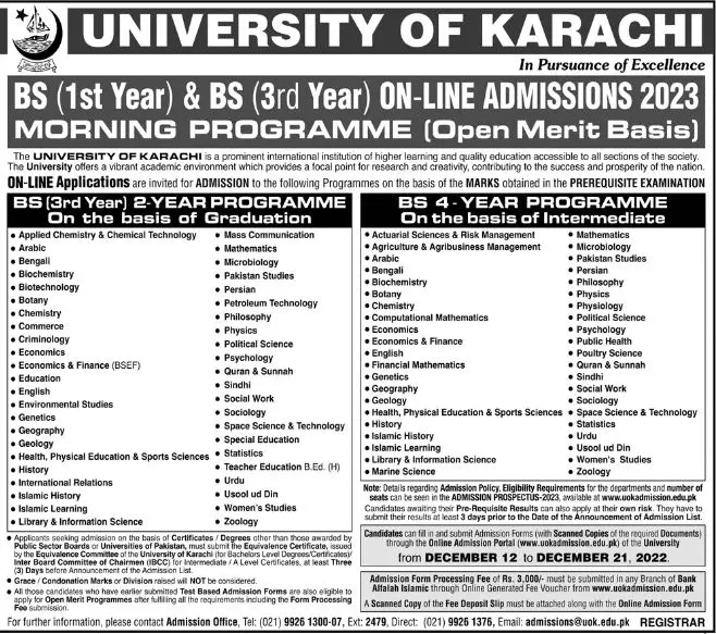 University of Karachi Admissions 2022 Admissions 2022 — original advertisement