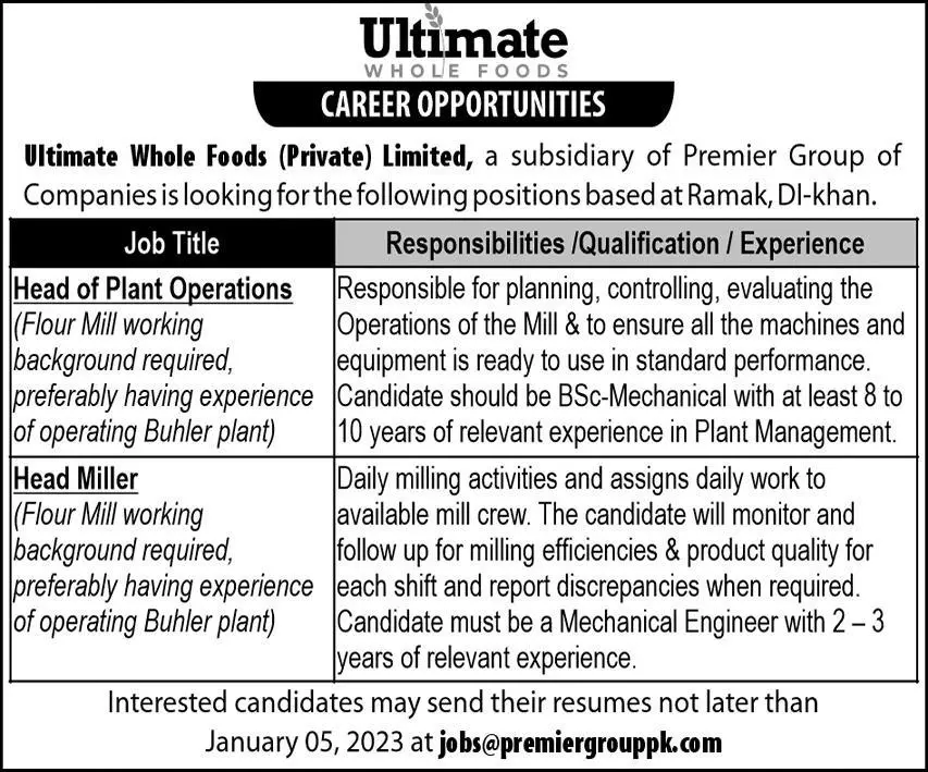 Ultimate Whole Food Privated Limited Jobs 2022 – Private Company Jobs 2022 — original advertisement