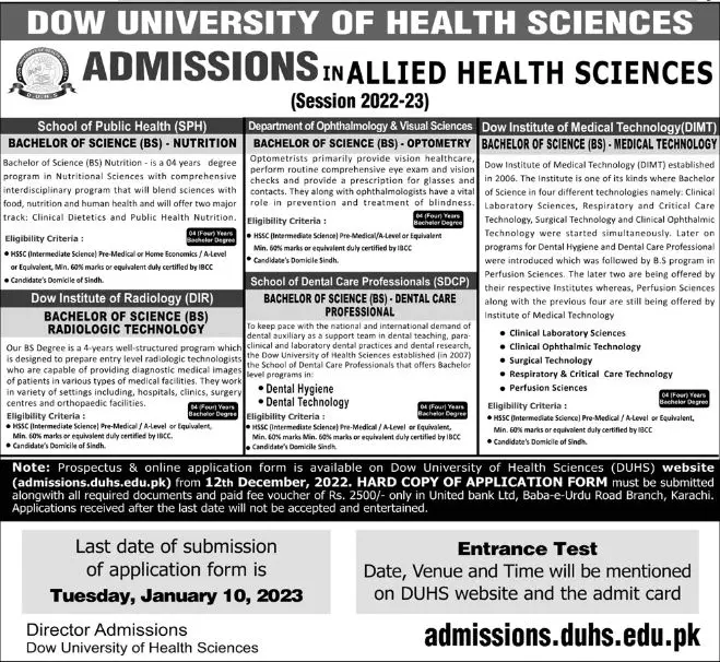 Dow University of Health Sciences Admissions 2022 – Dow University of Health Sciences Karachi Admissions 2022 — original advertisement