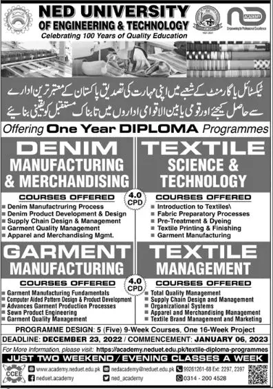 Ned University of Engineering & Technology Diploma Prog 2022 – NED University of Engineering and Technology Admissions 2022 — original advertisement