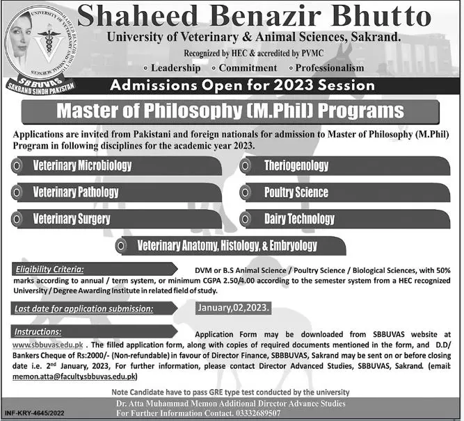 Shaheed Benazir B University of Veterinary Admissions MPhil – Shaheed Benazir Bhutto University of Veterinary & Animal Sciences Sakrand Sindh Admissions 2022 — original advertisement