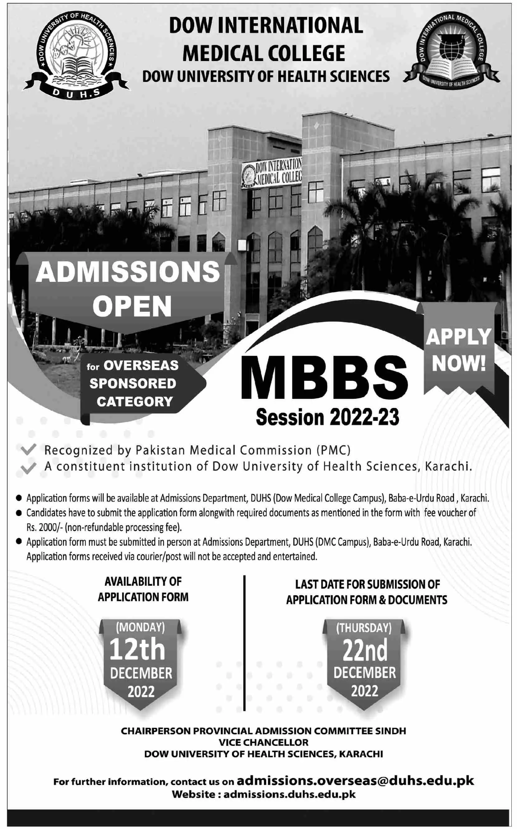 Dow University of Health Sciences Karachi Admissions 2023 Admissions 2022 — original advertisement