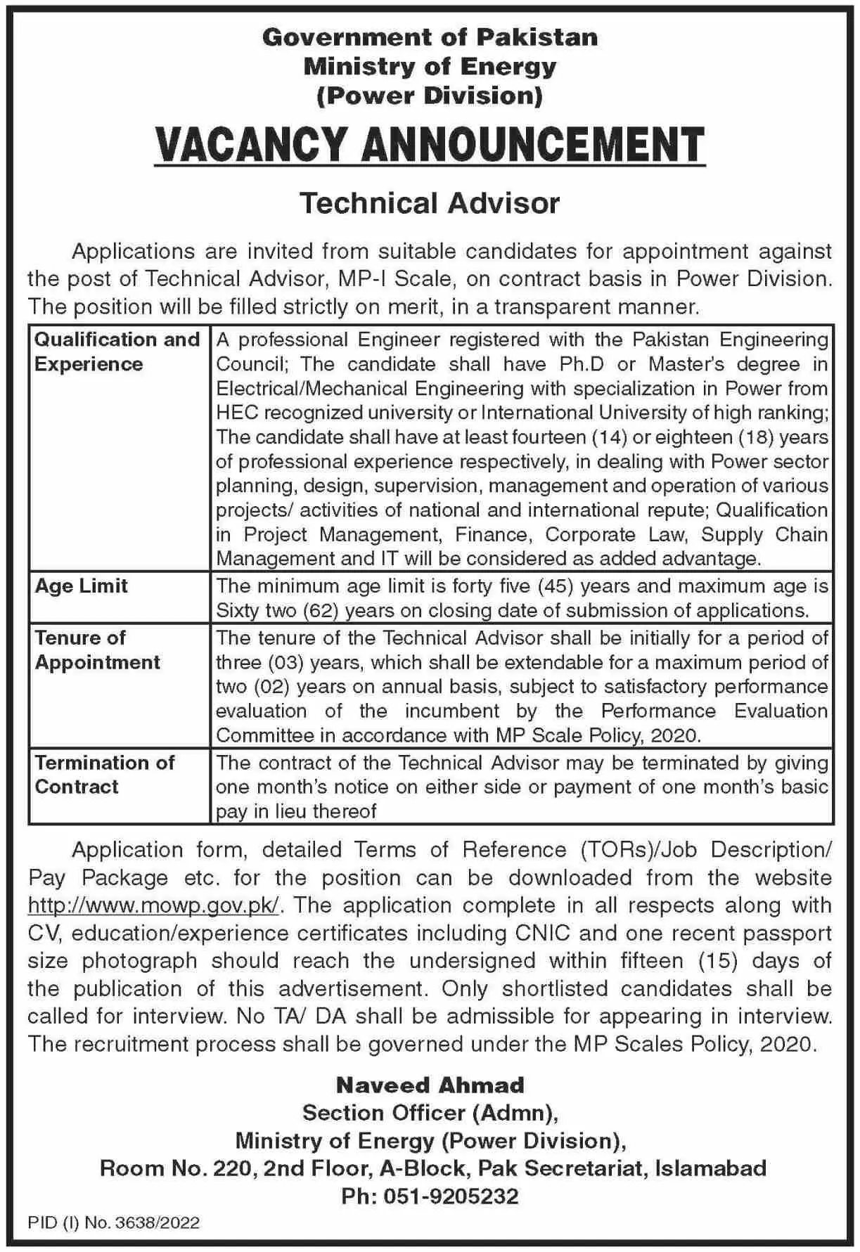 Ministry of Energy Power Division Islamabad Jobs 2022 Jobs 2022 — original advertisement