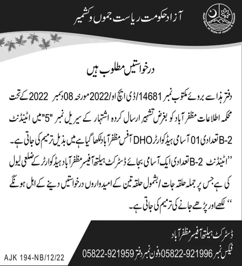 Health Department Muzaffarabad Jobs 2022 – Health Department Azad Jammu Kashmir Jobs 2022 — original advertisement