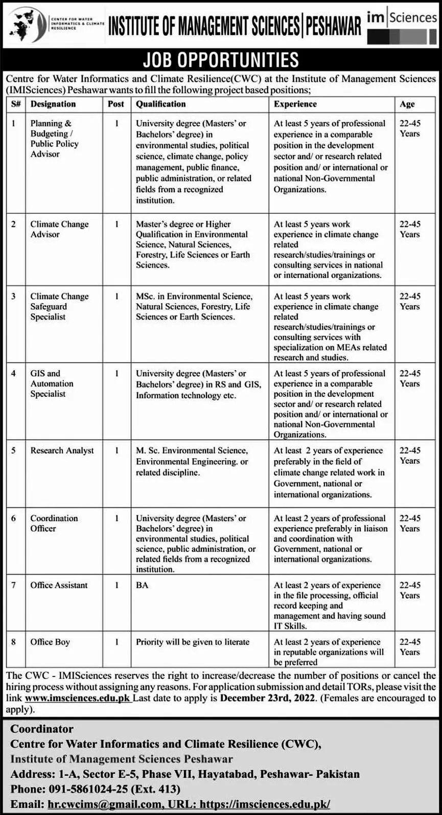 Institute Of Management Sciences IMS Peshawar Jobs 2022 – Institute of Management Sciences Peshawar Jobs 2022 — original advertisement