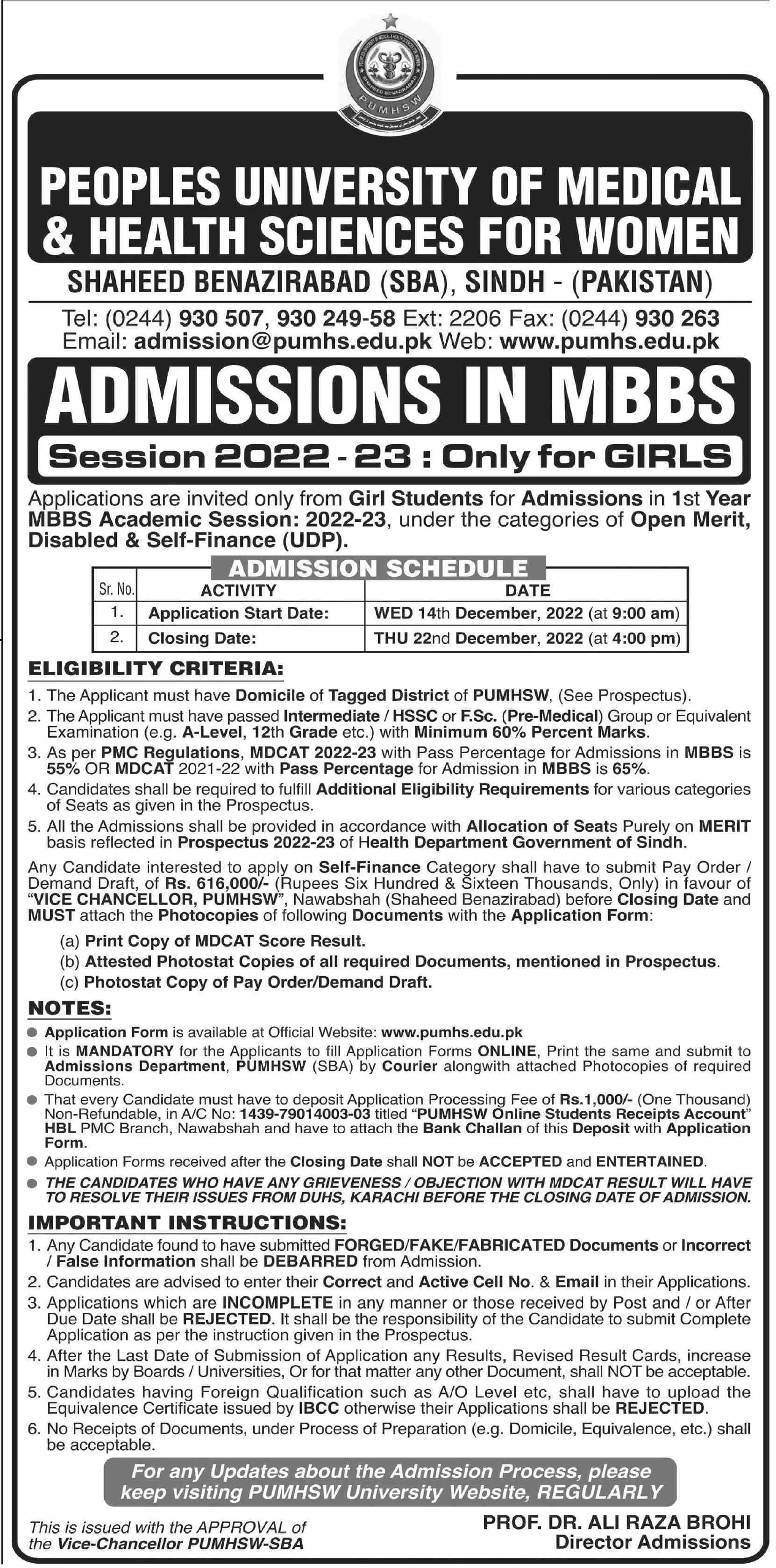 Peoples University of Medical & Health Sciences Admissions – Peoples University of Medical & Health Sciences for Women Shaheed Benazirabad Admissions 2022 — original advertisement