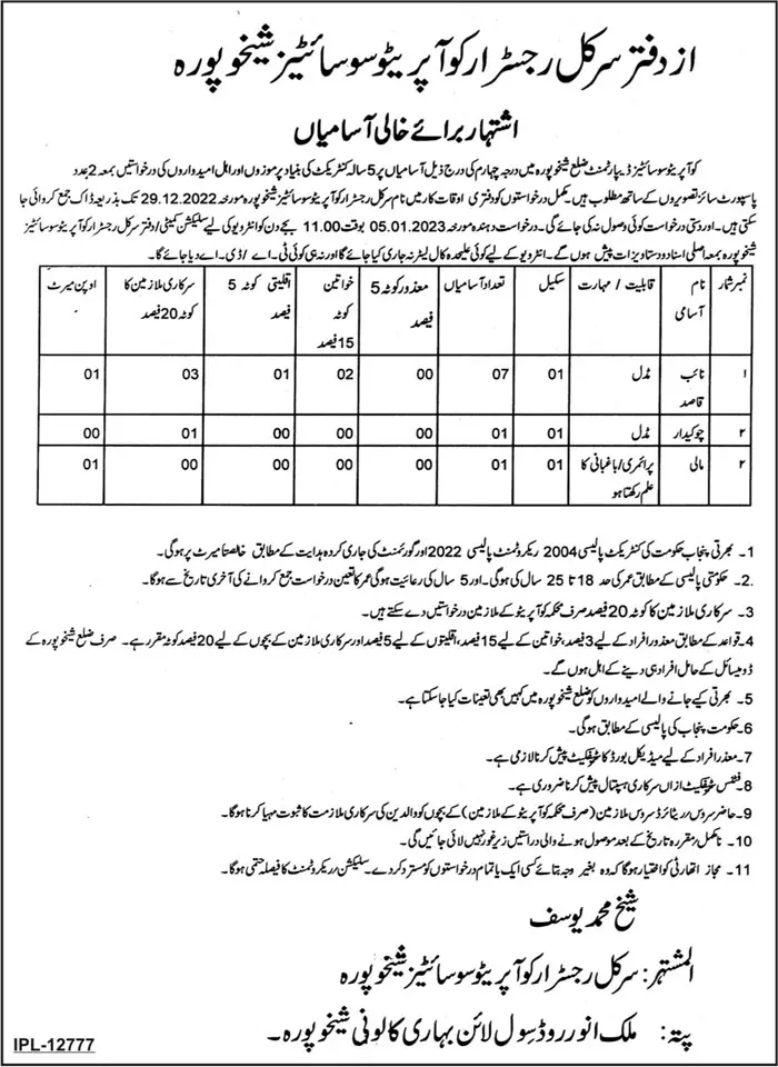 Cooperative Societies Department Sheikhupura Jobs 2022 – Cooperatives Department Punjab Jobs 2022 — original advertisement