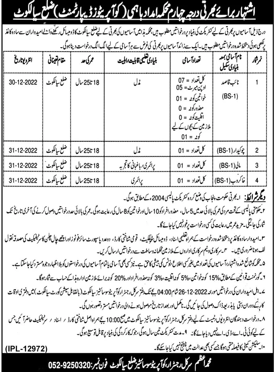 Cooperative Societies Department District Sialkot Jobs 2022 – Cooperatives Department Punjab Jobs 2022 — original advertisement