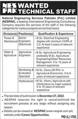 National Engineering Services Pakistan NESPAK Jobs 2023 – NESPAK National Engineering Services Pakistan Jobs 2022 — original advertisement