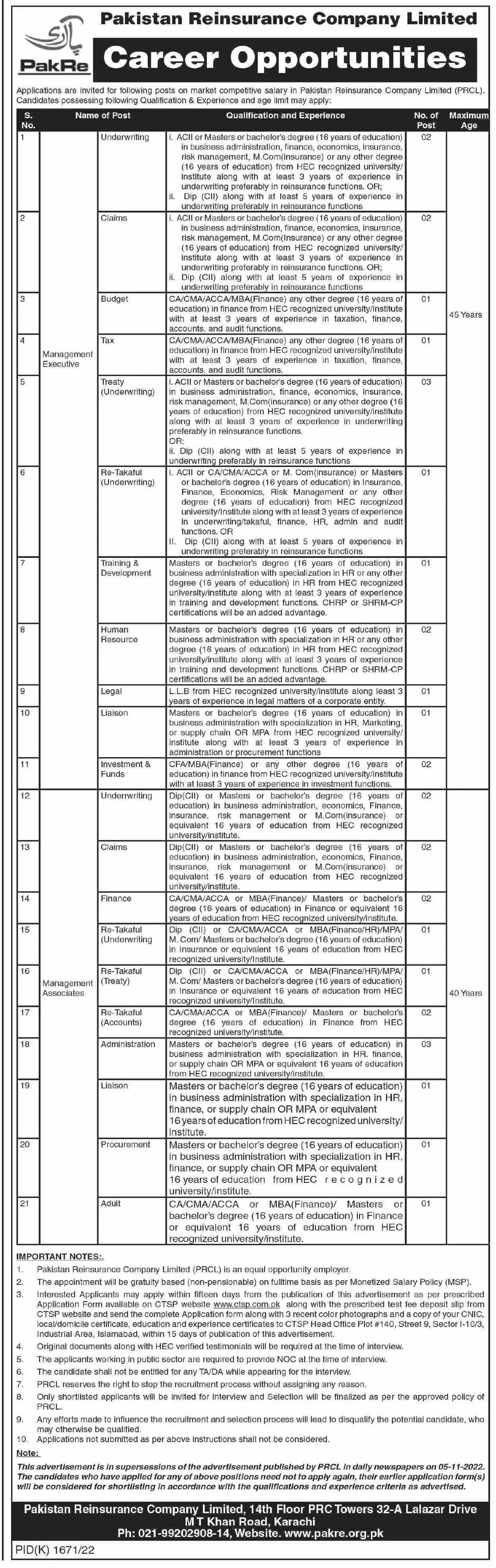 Pakistan Reinsurance Company Limited PRCL Jobs 2022 – Private Company Jobs 2022 — original advertisement