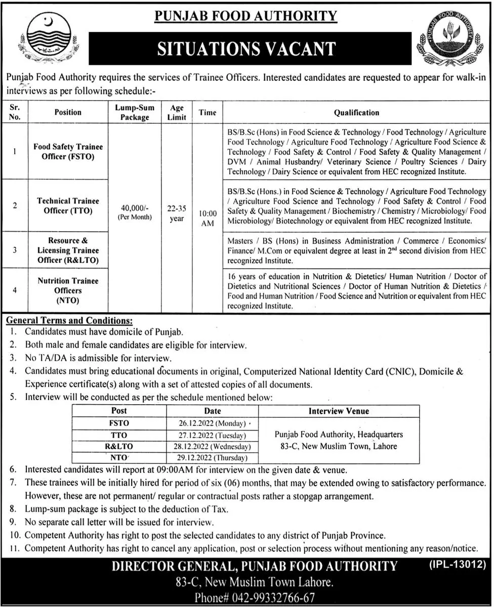 Punjab Food Authority Lahore Jobs 2022 Jobs 2022 — original advertisement