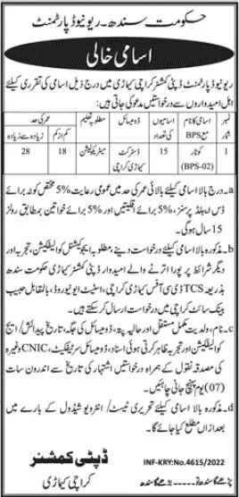 Revenue Department Sindh Karachi Jobs 2022 – Govt of Sindh Jobs 2022 — original advertisement