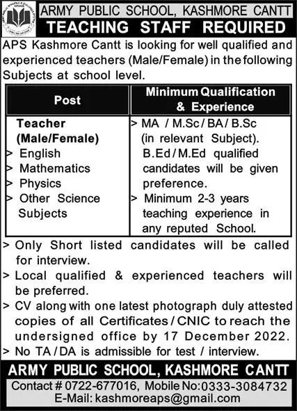 Army Public School Kashmore Cantt Jobs 2022 – Army Public School And College Rawalpindi Jobs 2022 — original advertisement