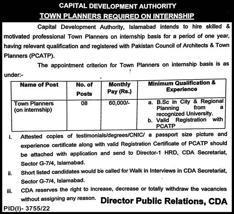 Capital Development Authority CDA Jobs 2022 – Capital Development Authority (CDA) Islamabad Jobs 2022 — original advertisement