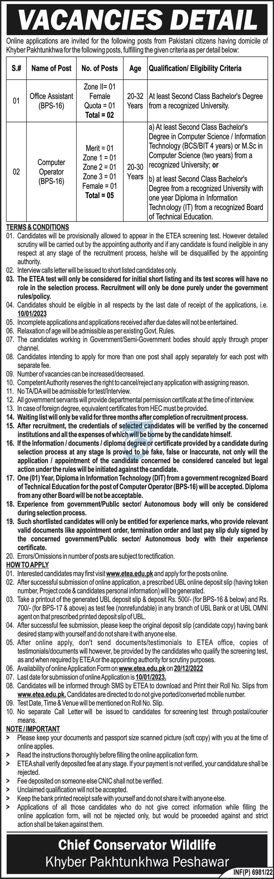 Wildlife Khyber Pakhtunkhwa Peshawar Jobs 2022 – Forestry, Environment & WildLife Department KPK Jobs 2022 — original advertisement