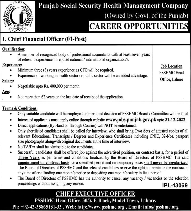 Punjab Social Security Health Management Company Jobs 2022 Jobs 2022 — original advertisement