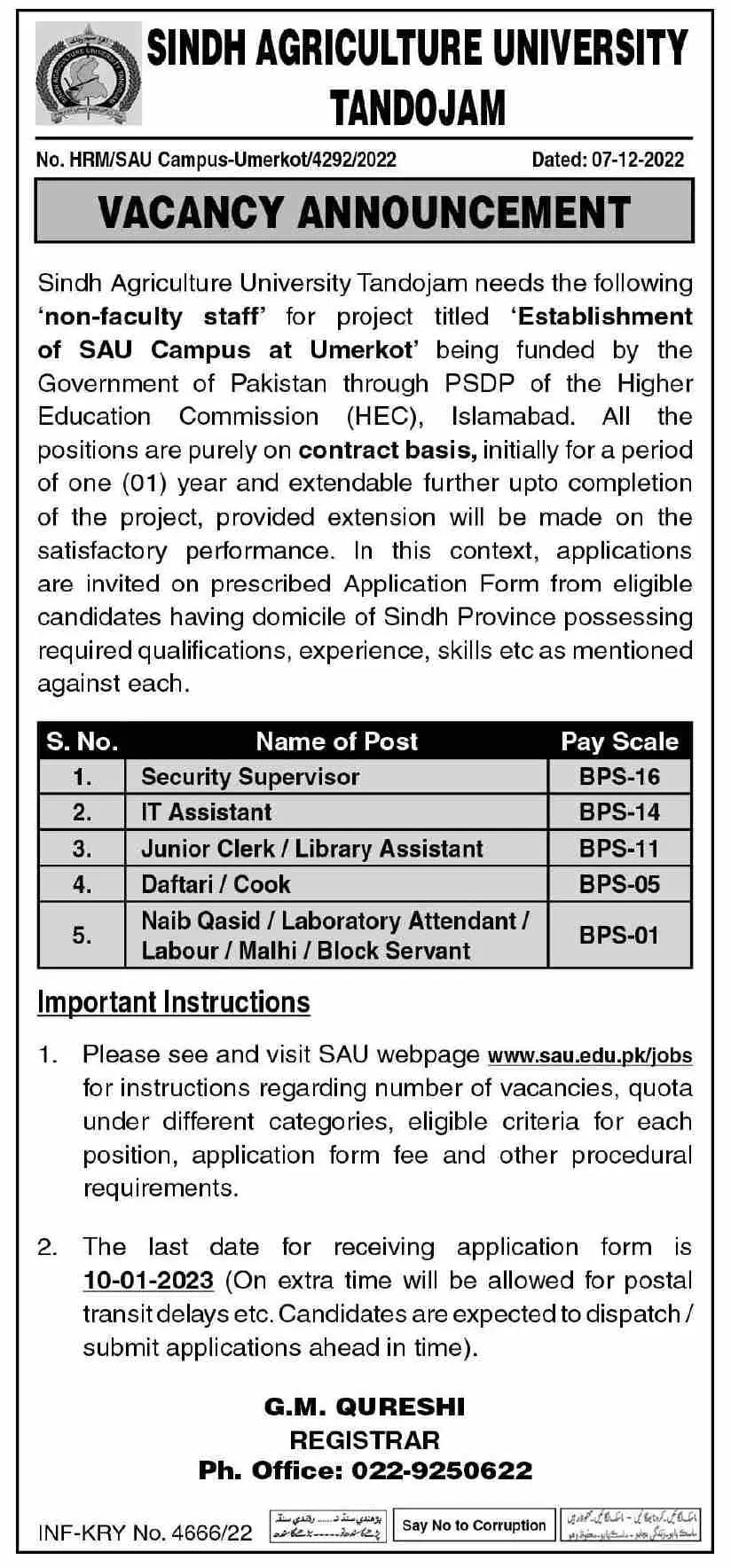 Sindh Agriculture University TandoJam Jobs 2022 Jobs 2022 — original advertisement