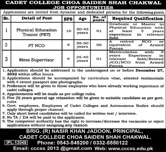 Cadet College Choa Saiden Shah Chakwal Jobs 2022 Jobs 2022 — original advertisement