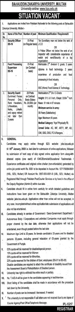 Bahauddin Zakariya University Multan Jobs 2023 Jobs 2022 — original advertisement