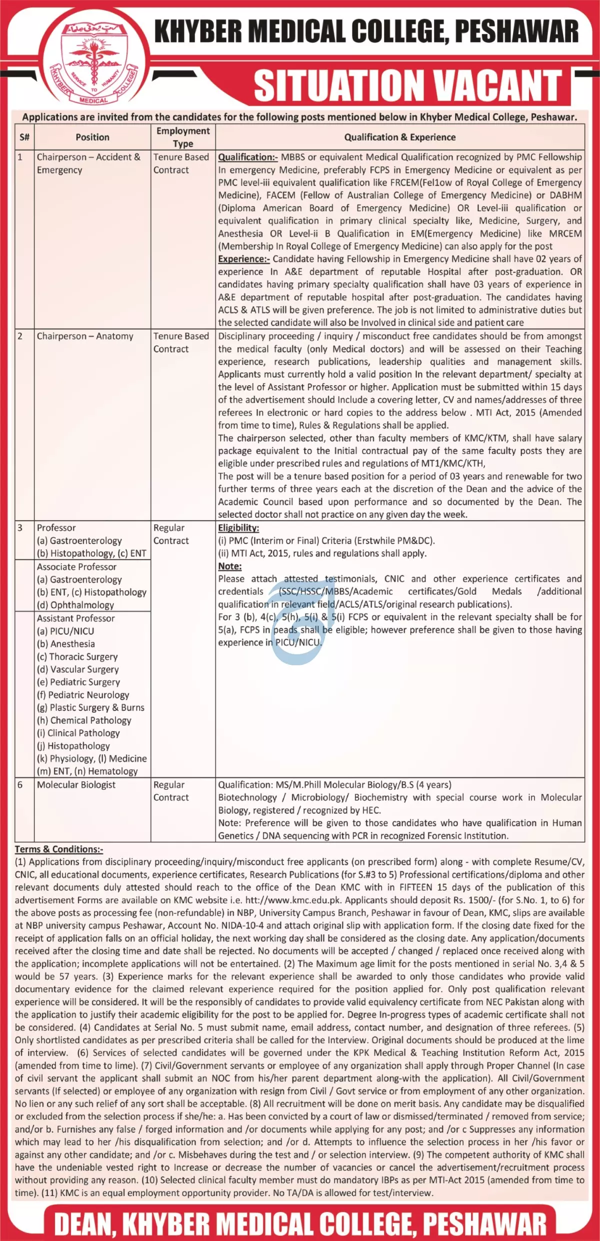 Khyber Medical College Kmc Peshawar Jobs 2023 Jobs 2022 — original advertisement