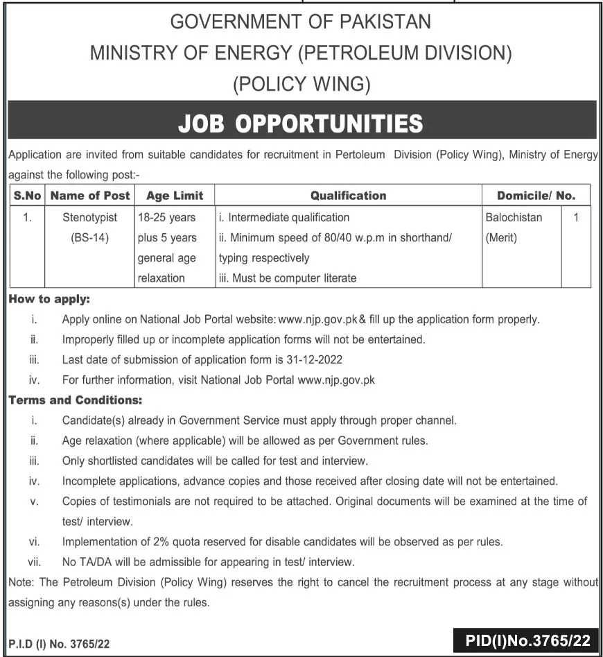 Ministry of Energy Petroleum Division Jobs 2023 – Ministry of Energy Power division Islamabad Jobs 2022 — original advertisement