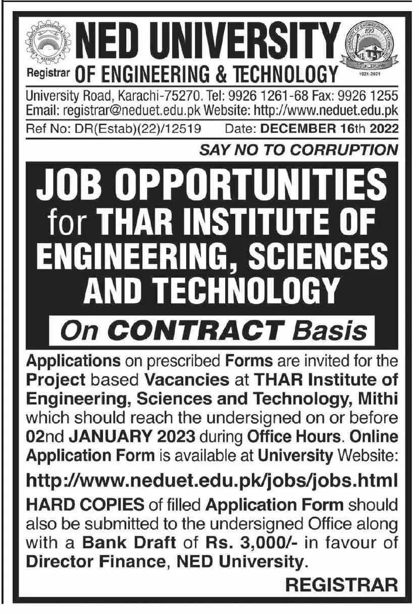 NED University of Engineering and Technology Jobs 2023 Jobs 2022 — original advertisement