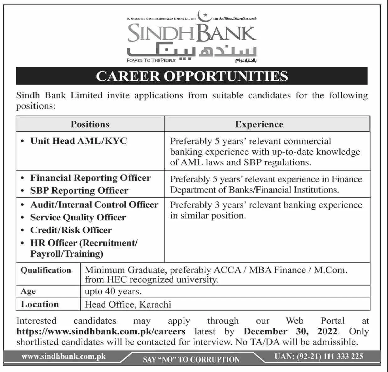 Sindh Bank Limited Jobs 2022 Jobs 2022 — original advertisement