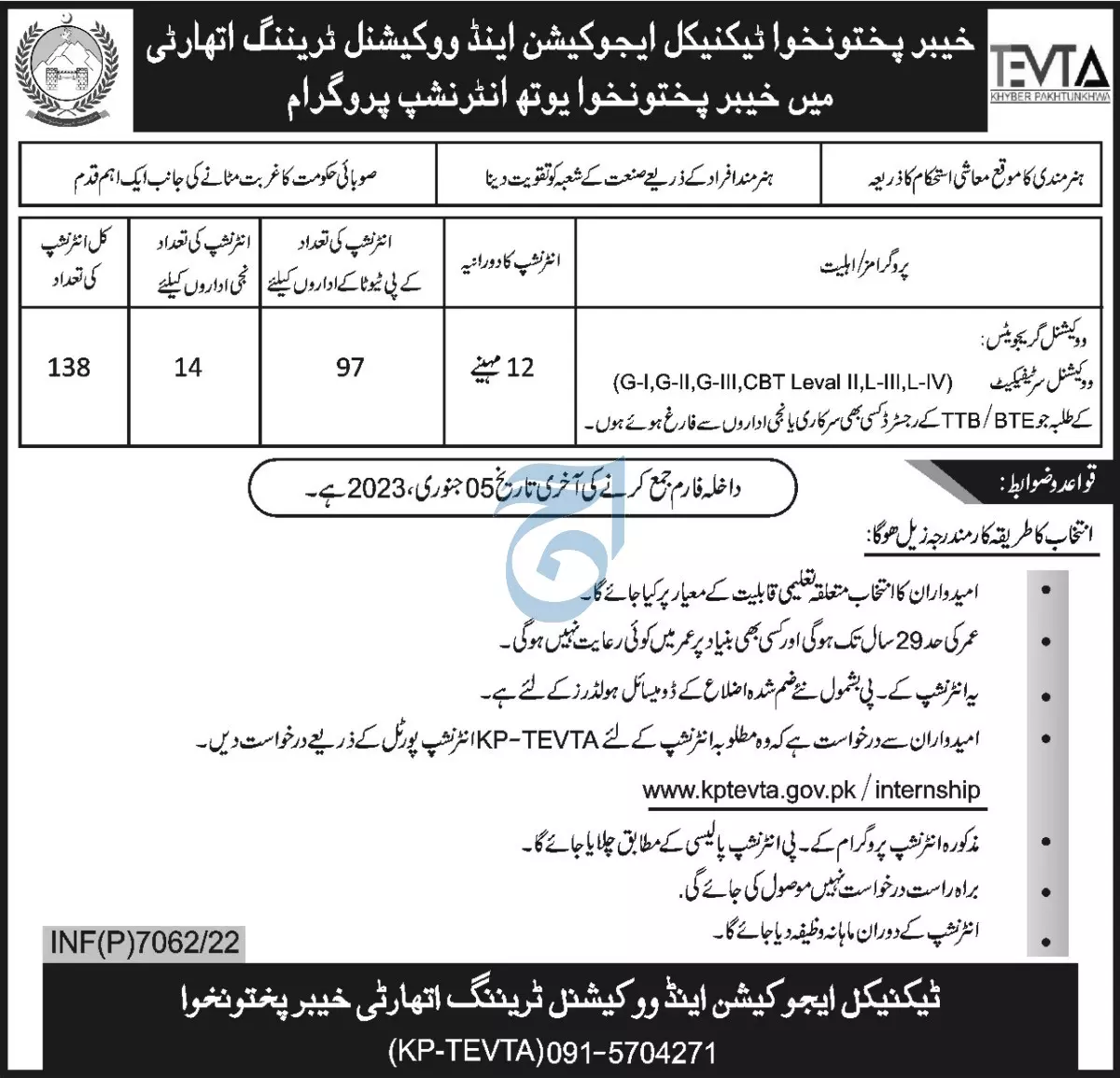 Technical Education & Vocational Training Internship Program – Technical Education & Vocational Training Authority (TEVTA)Kpk Jobs 2022 — original advertisement