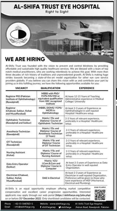 Al Shifa Trust Eye Hospital Rawalpindi Jobs 2023 – Al-Shifa Trust Eye Hospital Rawalpindi Pakistan Jobs 2022 — original advertisement