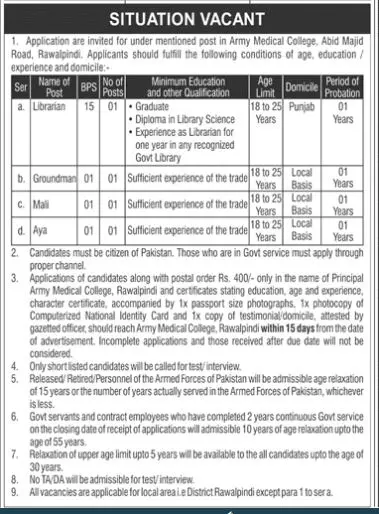 Army Medical College Rawalpindi Jobs 2022 Jobs 2022 — original advertisement