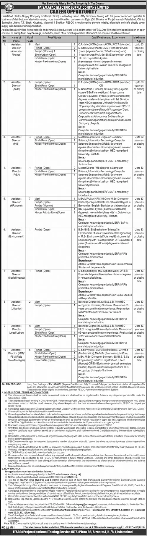 Faisalabad Electric Supply Company Limited FESCO Jobs 2023 Jobs 2022 — original advertisement