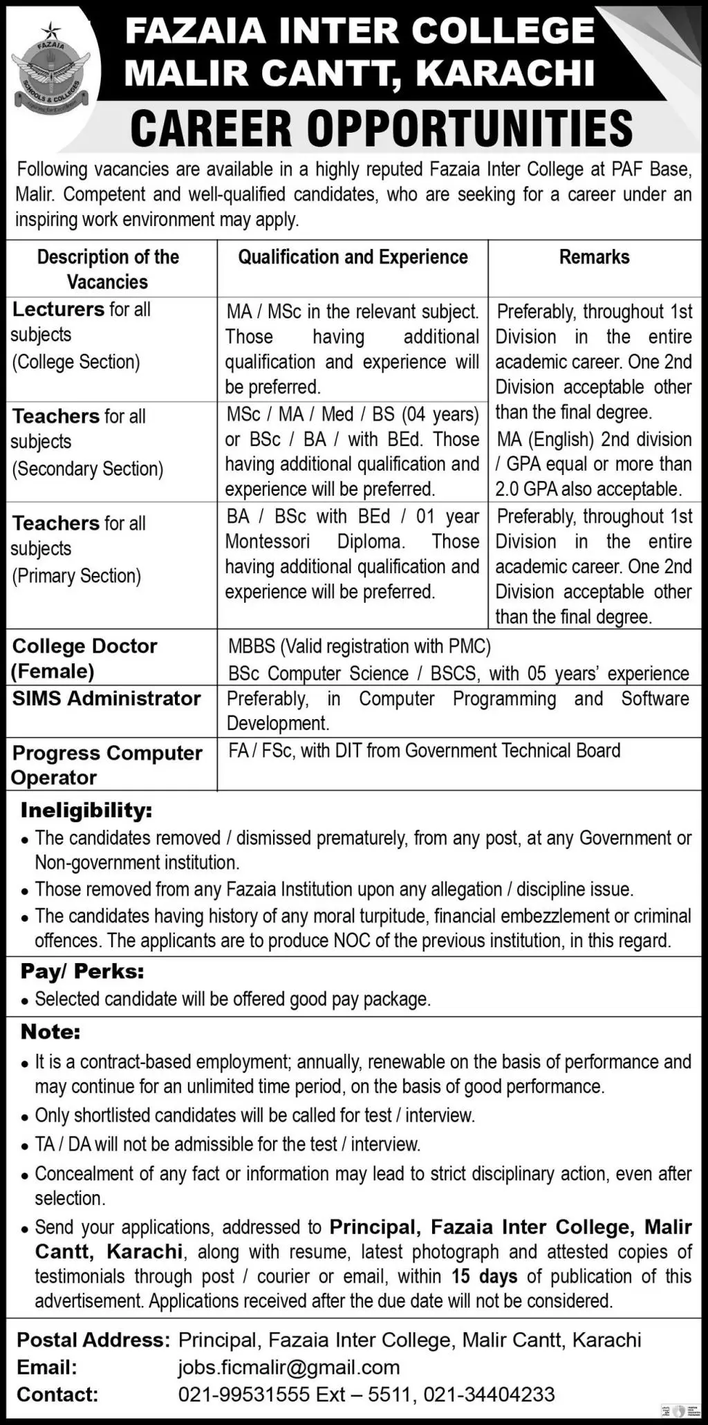 Fazaia inter College Malir Cantt Karachi Jobs 2023 – Fazaia Schools & Colleges Jobs 2022 — original advertisement