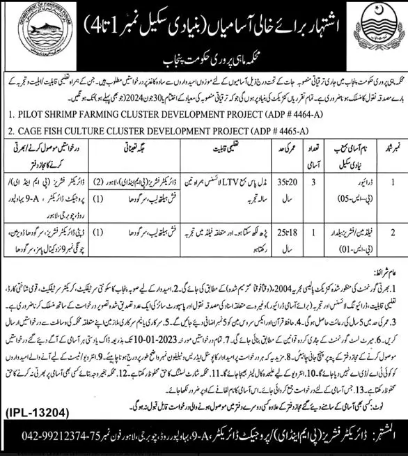 Fisheries Department Bahawalpur Sargodha Jobs 2023 – Forest Wildlife & Fishries Department Punjab Jobs 2022 — original advertisement