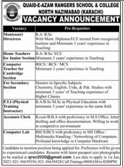 Quaid E Azam Rangers School & College North Nazimabad Jobs – Quaid E Azam Rangers School and College Jobs 2022 — original advertisement