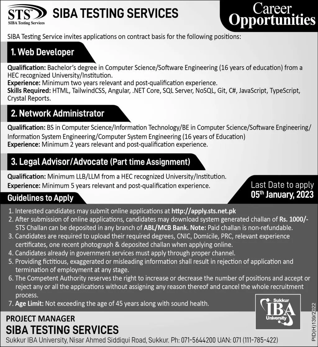 STS Siba Testing Service Jobs 2023 – Sindh Testing Service Jobs 2022 — original advertisement