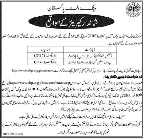 State Bank of Pakistan Jobs 2023 Jobs 2022 — original advertisement