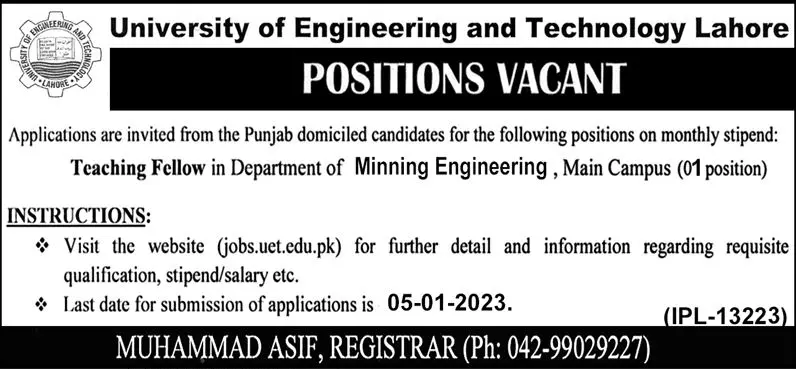 University of Engineering & Technology Lahore Jobs 2022 – University of Engineering  & Technology Lahore Jobs 2022 — original advertisement