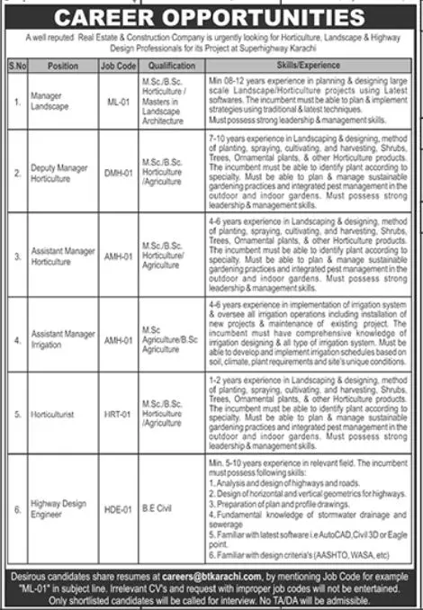 well Reputed Real Estate & Construction Company Jobs 2023 – Private Company Jobs 2022 — original advertisement