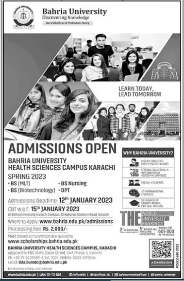 Bahria University Karachi Admissions 2023 Admissions 2022 — original advertisement