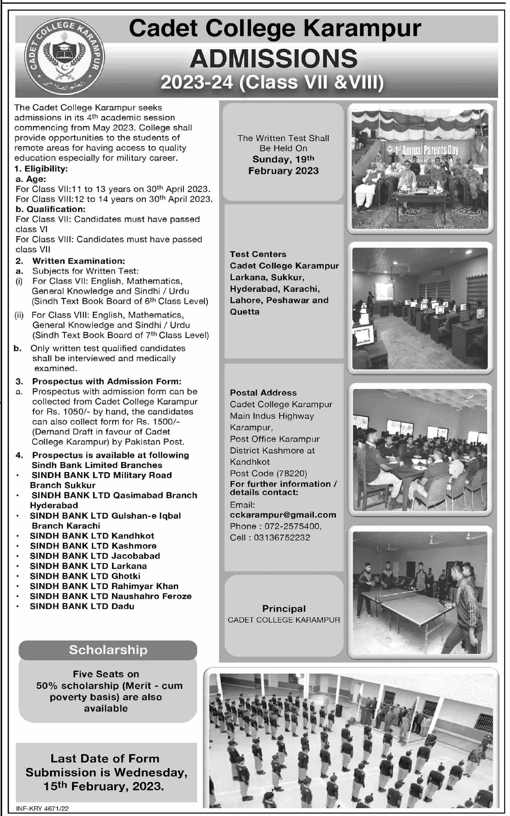 cadet College Karampur Kashmore Admissions 2022 – Cadet College Karampur Kashmore Sind Admissions 2022 — original advertisement