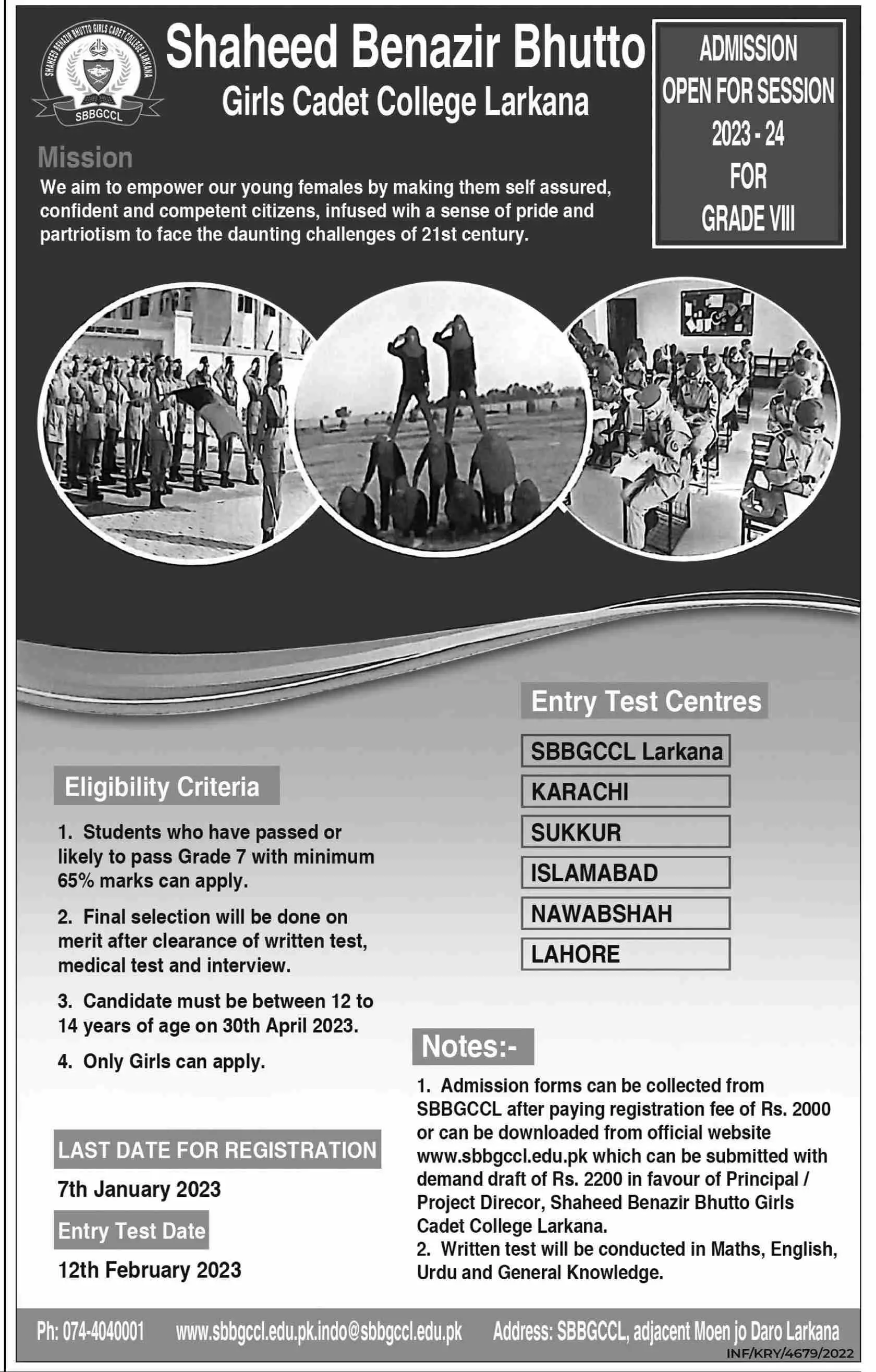 Shaheed Benazir Bhutto Girls Cadet College Larkana Admission Admissions 2022 — original advertisement