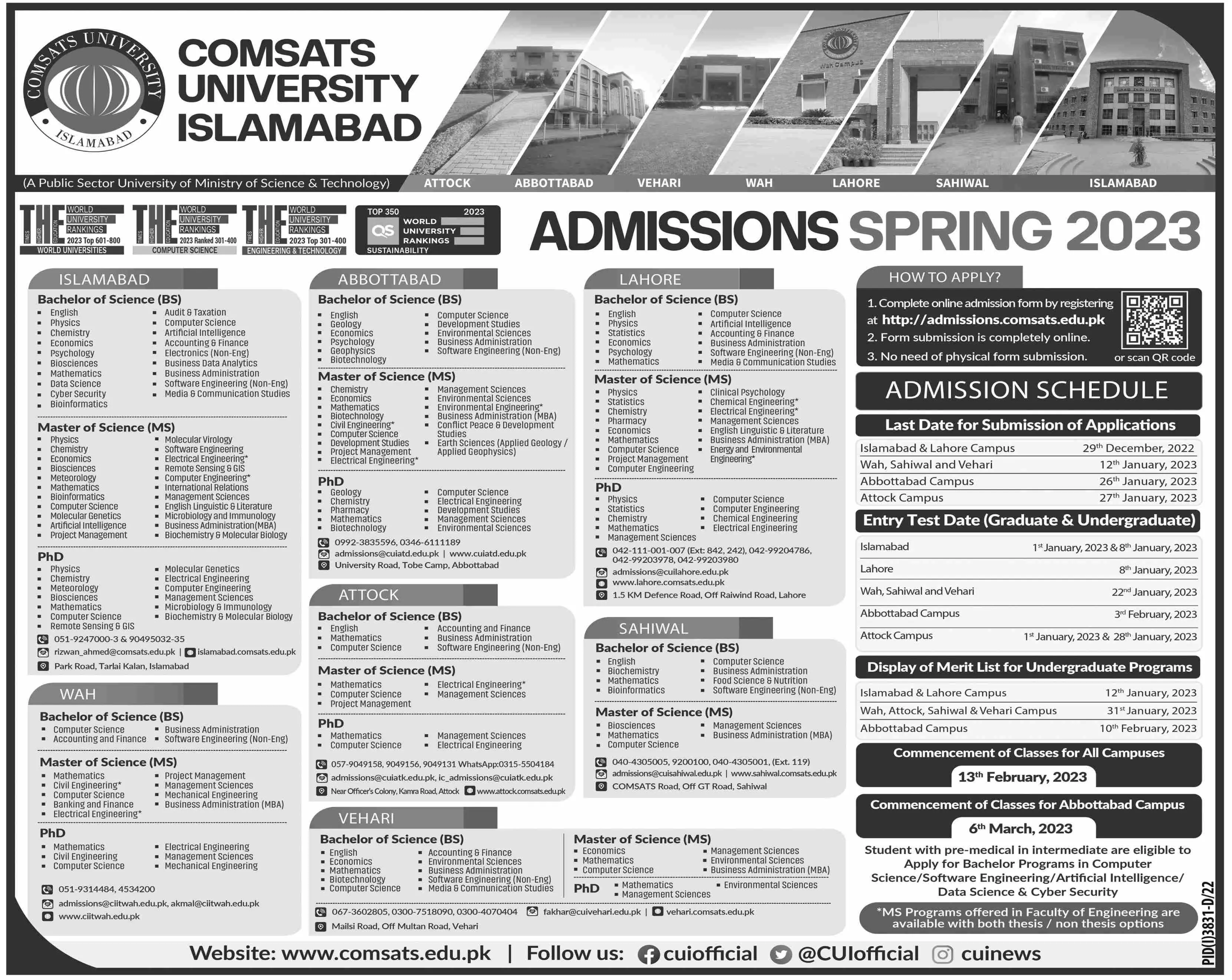 COMSATS university Islamabad Admissions 2023 Admissions 2022 — original advertisement