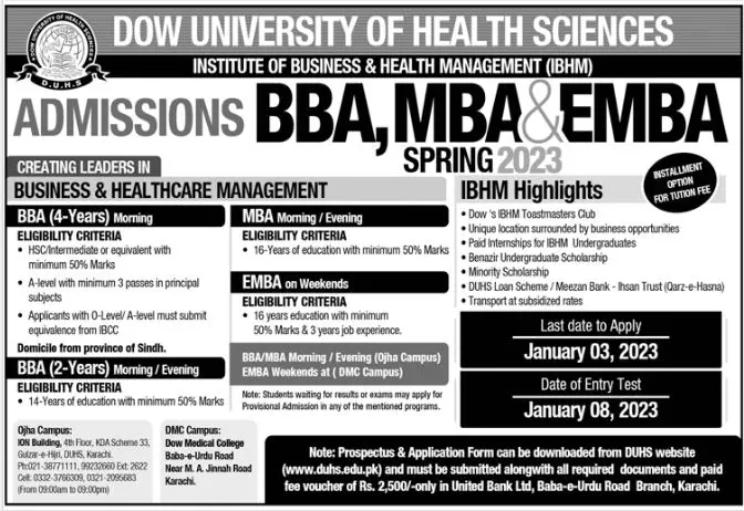 Dow University of Health Sciences Karachi Admissions 2023 Admissions 2022 — original advertisement
