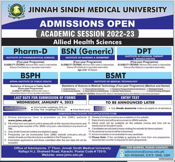 Jinnah Sindh Medical University Karachi Admissions 2023 Admissions 2022 — original advertisement