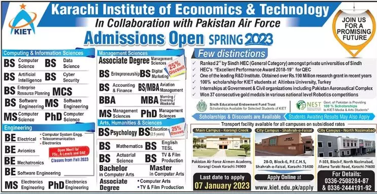 Karachi Institute of Economics & Technology Admissions 2023 – Karachi Institute of Economics and Technology KIET Admissions 2022 — original advertisement
