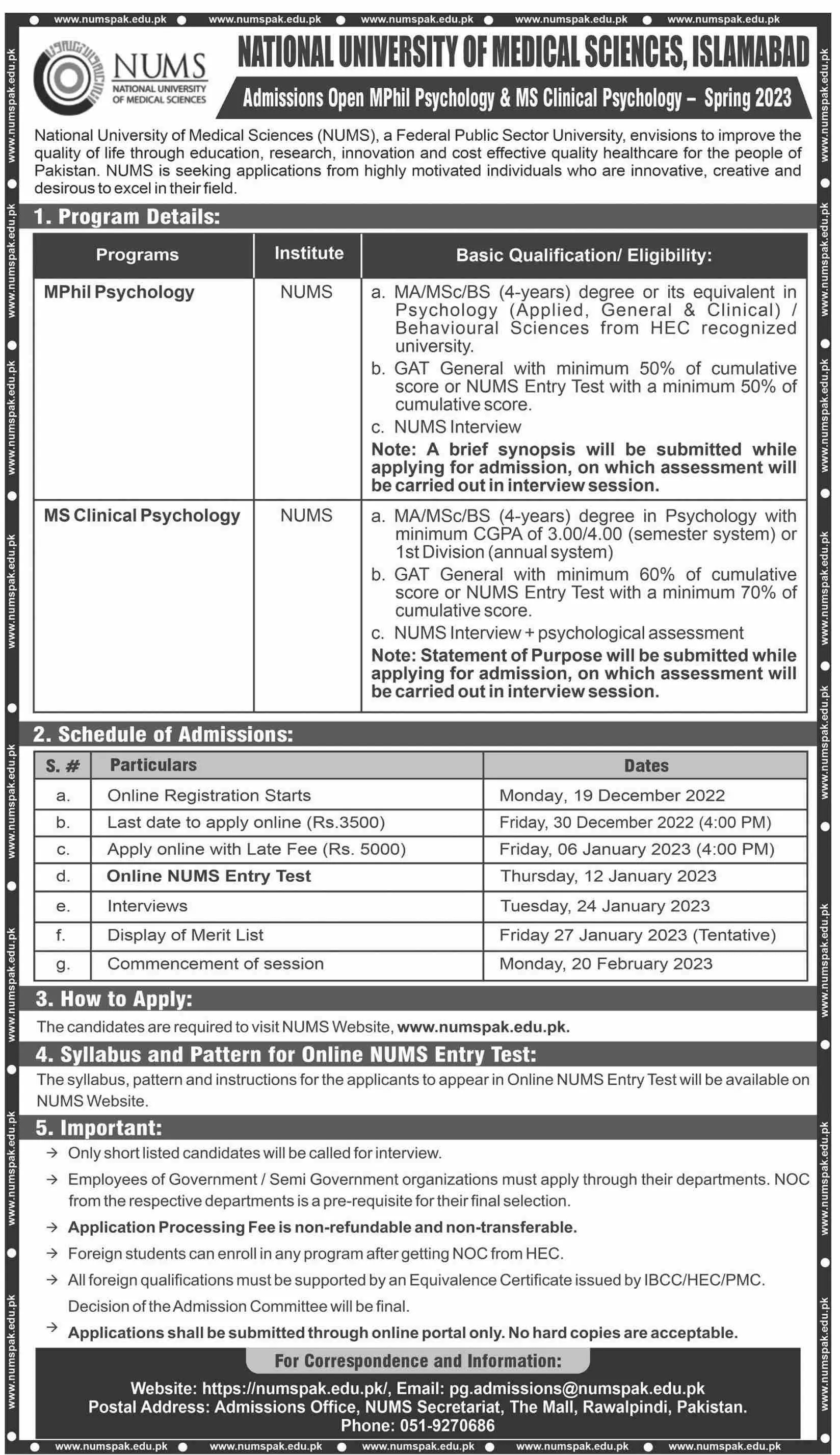 National University of Medical Sciences Nums Admissions 2022 – National University of Medical Science NUMS Admissions 2022 — original advertisement
