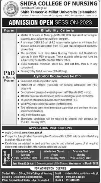Shifa Tameer -Millat University Islamabad Admissions 2023 – Shifa Tameer-e-Millat University Islamabad Admissions 2022 — original advertisement