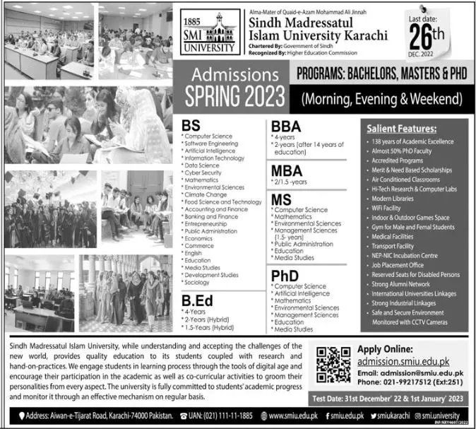 Sindh Madressatul Islam University Karachi Admissions 2023 Admissions 2022 — original advertisement