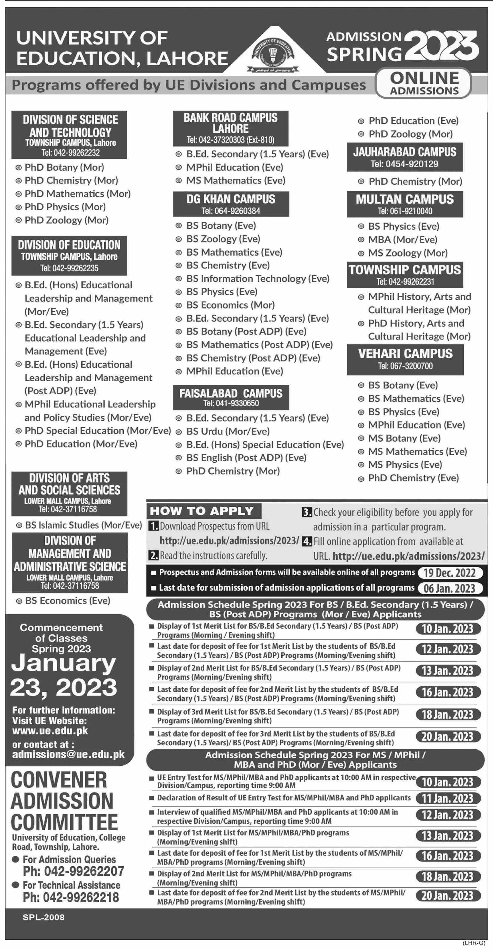 University of Education Lahore Admissions 2022 Admissions 2022 — original advertisement